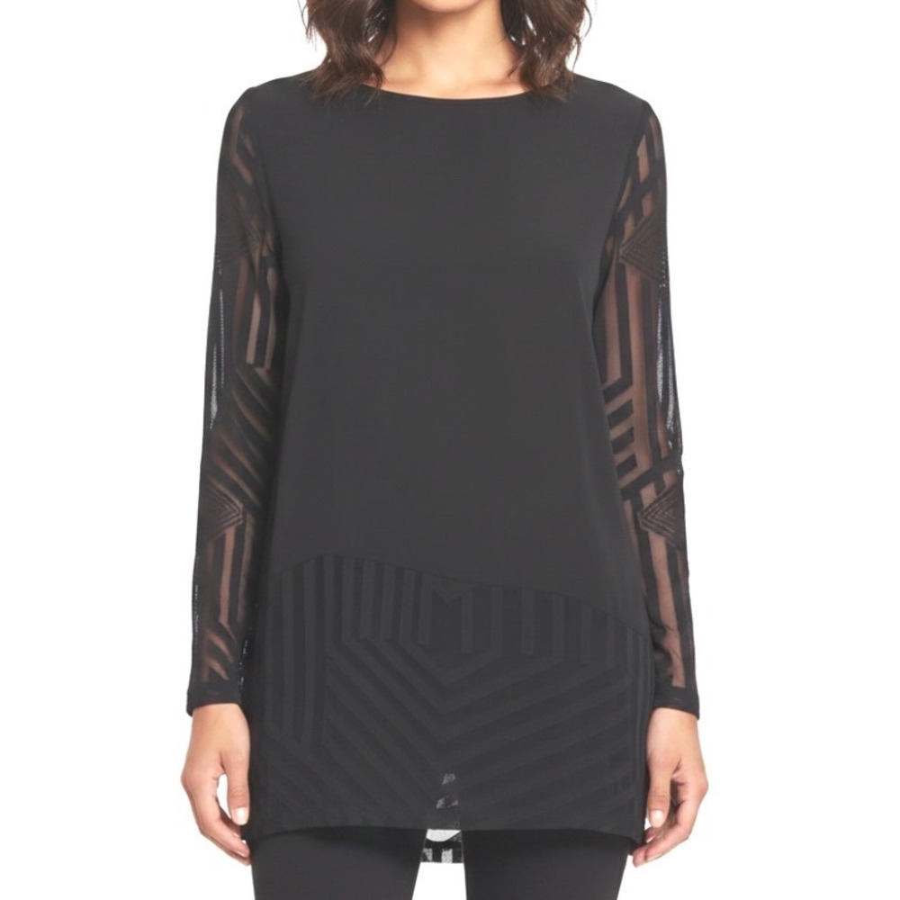CLARA SUN WOO Stretch Knit EYELET LACE SLEEVES/HEM Black BLOUSE/TUNIC TOP Sz S